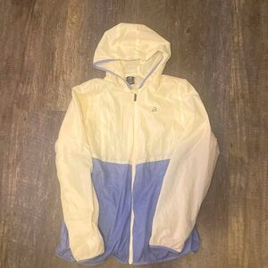 Blue and cream rain jacket